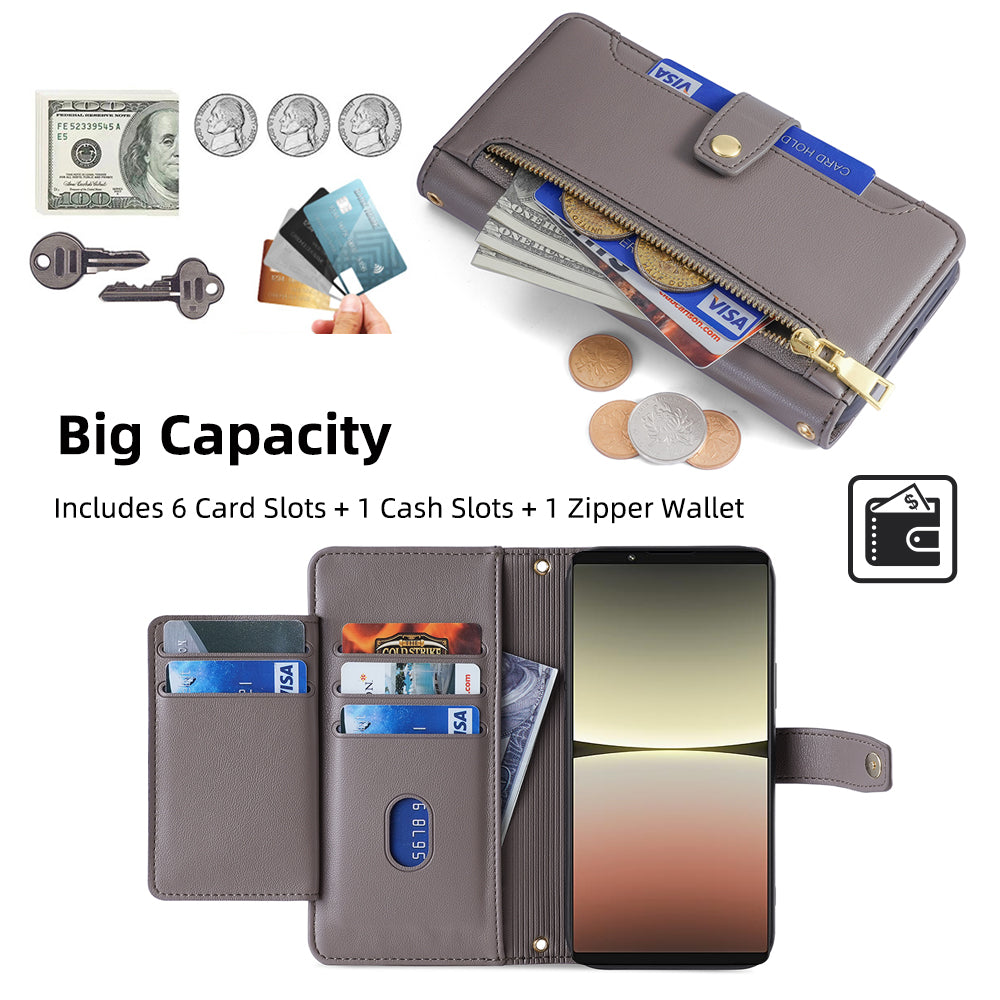 For Sony Xperia 5 IV 5G Book Style PU Leather Stand Case Zipper Pocket Card Slots Flip Phone Cover with Wrist Strap and Shoulder Strap For Sony Xperia 5 IV 5G Book Style PU Leather Stand Case Zipper Pocket Card Slots Flip Phone Cover with Wrist Strap and Shoulder Strap